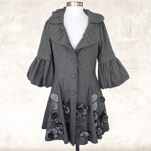 Anthropologie Ryu Vintage Gray Wool Fit & Flare Jacket Floral Whimsigoth Boho - Picture 1 of 11